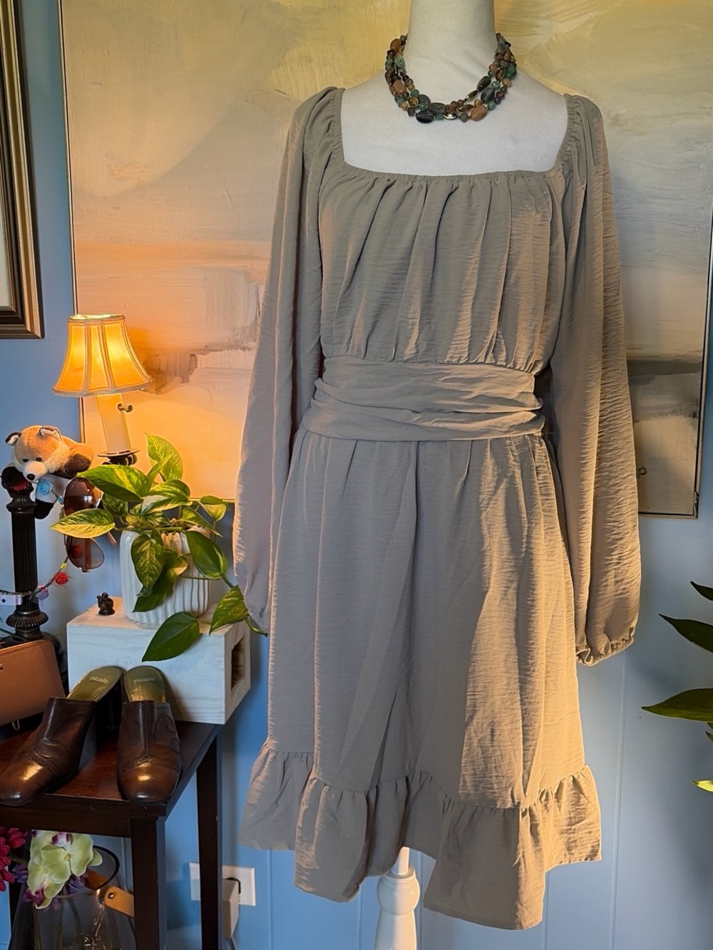 Dokotoo Square-Neck Long Sleeve Taupe Midi Dress with Ruffle Hem